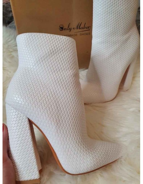 White Woven Pattern Back Zipper Squre Chunky Heel Ankle Boots