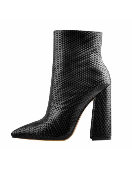 White Woven Pattern Back Zipper Squre Chunky Heel Ankle Boots