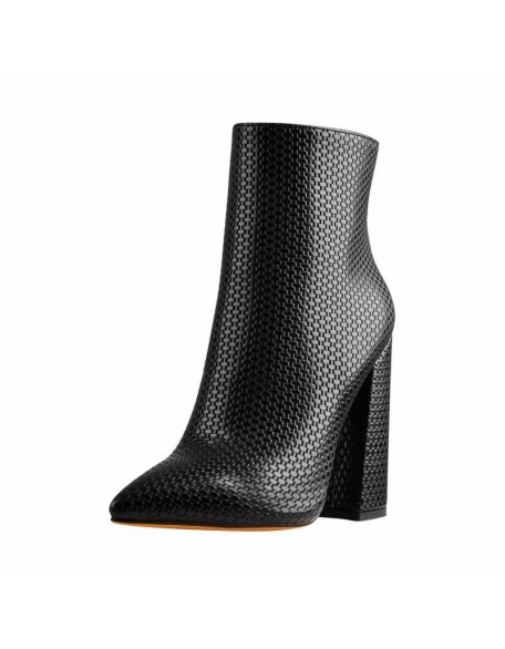 White Woven Pattern Back Zipper Squre Chunky Heel Ankle Boots