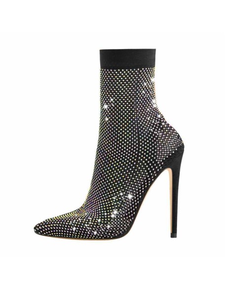 Clear Fishnet Pointed Toe Slim High Heels Rhinestone Sandals Boots