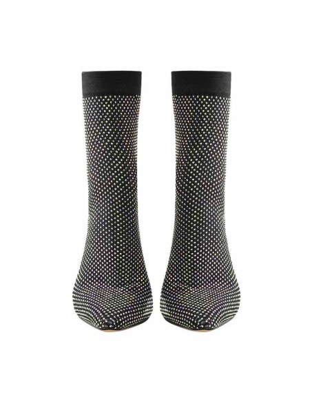 Clear Fishnet Pointed Toe Slim High Heels Rhinestone Sandals Boots