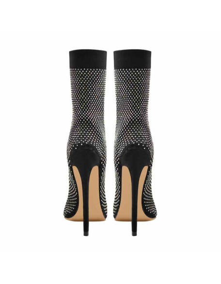 Clear Fishnet Pointed Toe Slim High Heels Rhinestone Sandals Boots