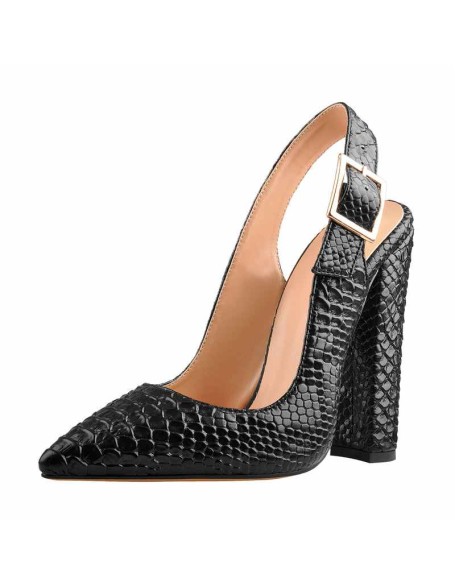 Slingback Pointed Toe Fish Scale Chunky Heel Pumps