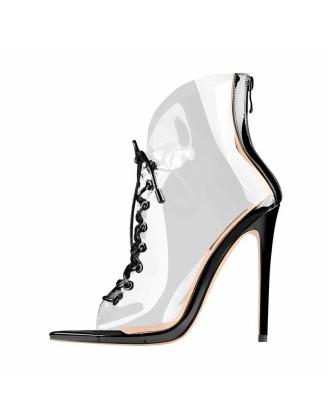 Open Toe Black Lace up Transparent Zip Ankle Sandals Boots