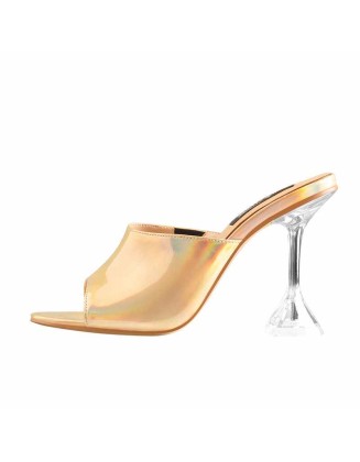 Golden Holographic Transparent Tapered Heel Sandals Mules