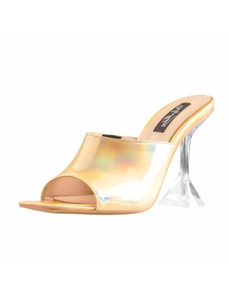 Golden Holographic Transparent Tapered Heel Sandals Mules