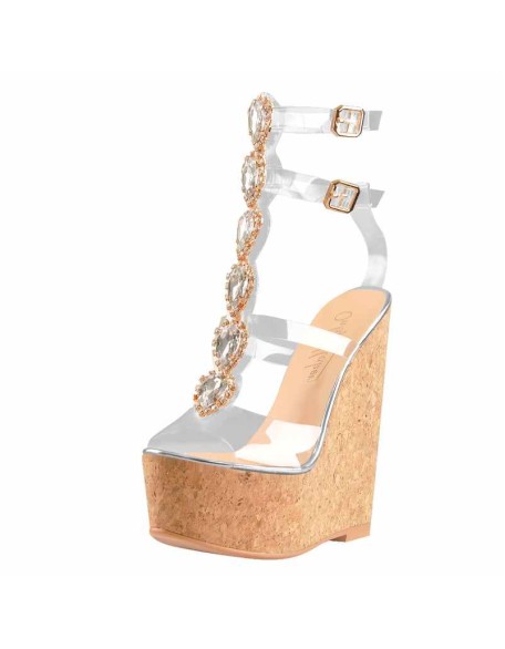 Transparent Gem Strip Cutout Wood Grain Wedge Sandals