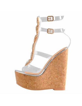 Transparent Gem Strip Cutout Wood Grain Wedge Sandals