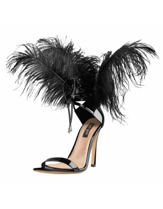 Open Toe Feather Back Lace Up Stiletto Heel Sandals