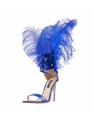 Open Toe Feather Back Lace Up Stiletto Heel Sandals