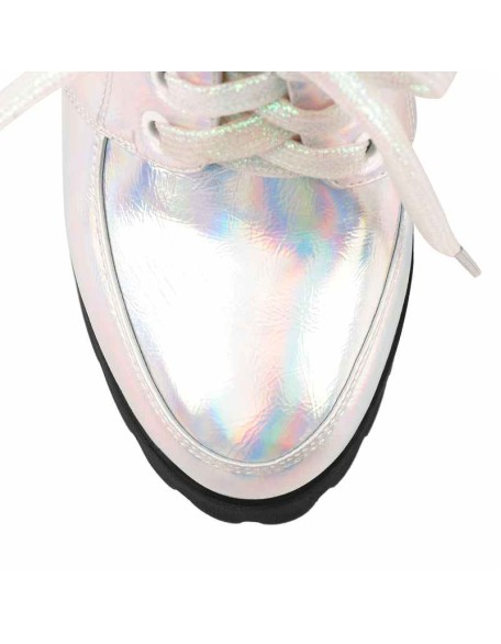 Block Heel Metallic Iridescent Round Toe Holographic Ankle Booties