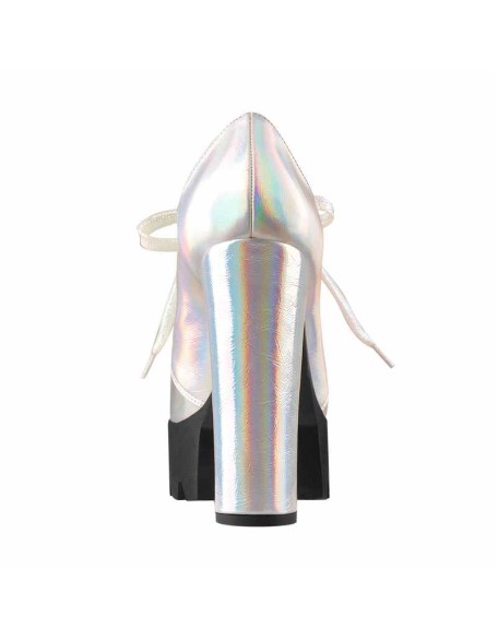 Block Heel Metallic Iridescent Round Toe Holographic Ankle Booties