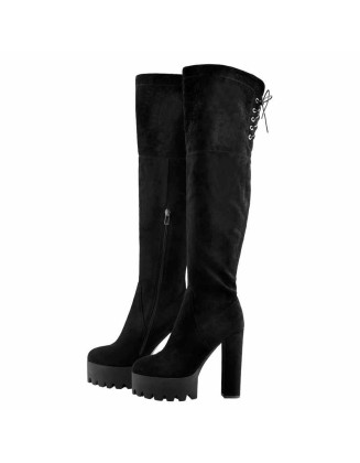 Faux Suede Lace Up Round Toe Thigh High Winter Bootie