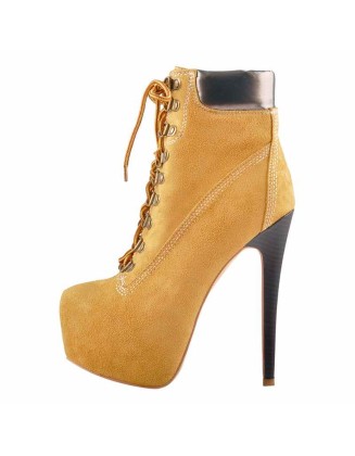 Yellow Platform Round Toe Lace-up Suede Ankle Boots