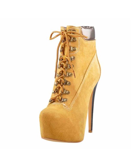 Yellow Platform Round Toe Lace-up Suede Ankle Boots