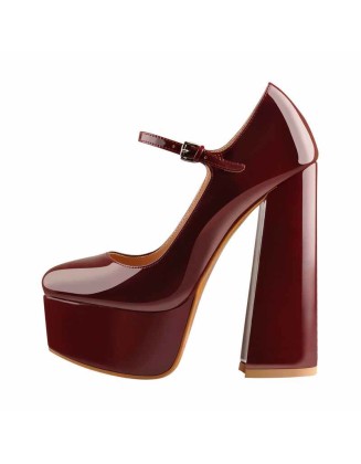 Burgundy Platform Pointed Toe Chunky Square High Heels Pumps