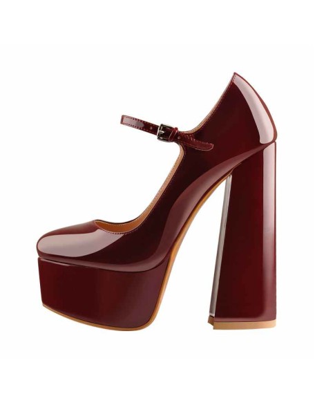 Burgundy Platform Pointed Toe Chunky Square High Heels Pumps