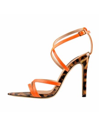 Open Pointed Toe Criss Cross Leopard Stilettos Ankle Strap Sandals