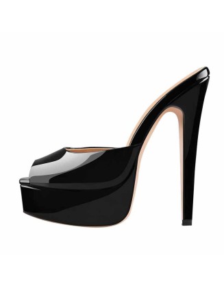 Peep Toe Black Patent Leather Stiletto High Heel Mules Sandals