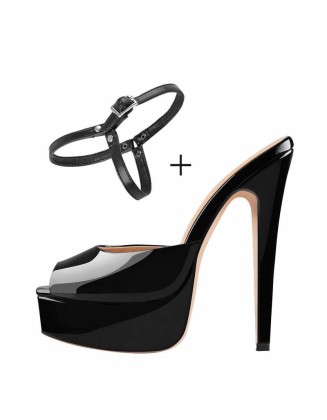 Peep Toe Black Patent Leather Stiletto High Heel Mules Sandals