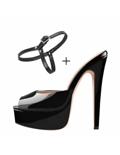 Peep Toe Black Patent Leather Stiletto High Heel Mules Sandals