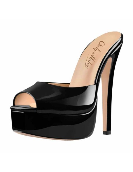 Peep Toe Black Patent Leather Stiletto High Heel Mules Sandals
