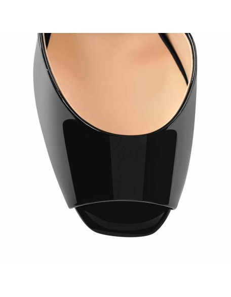 Peep Toe Black Patent Leather Stiletto High Heel Mules Sandals