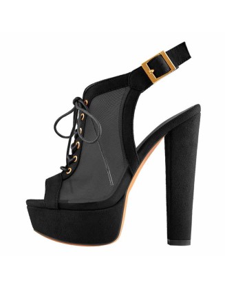 Platform Lace up Slingback Chunky Heel Ankle Buckle Mesh Sandals
