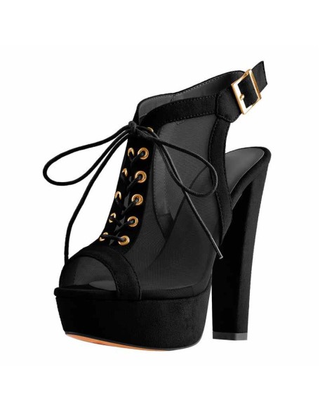 Platform Lace up Slingback Chunky Heel Ankle Buckle Mesh Sandals