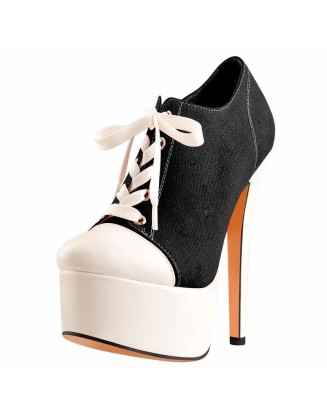 Black Canvas Low Top Sneaker Platform Lace Up High Heel Ankle Boots