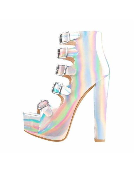 Patent Leather Platform Open Toe Five Buckle Strap Chunky Heels Ankle Sandals Boots