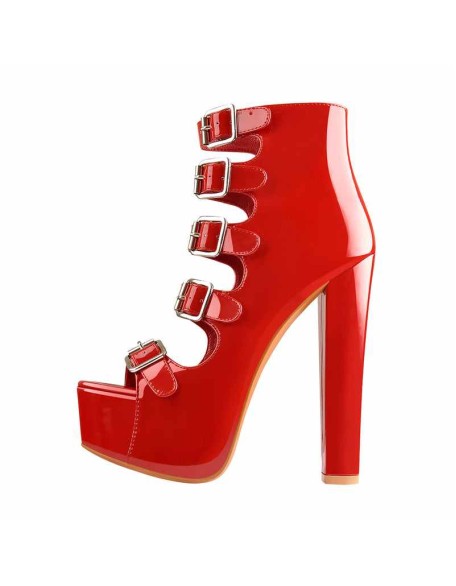 Patent Leather Platform Open Toe Five Buckle Strap Chunky Heels Ankle Sandals Boots