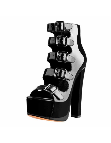 Patent Leather Platform Open Toe Five Buckle Strap Chunky Heels Ankle Sandals Boots