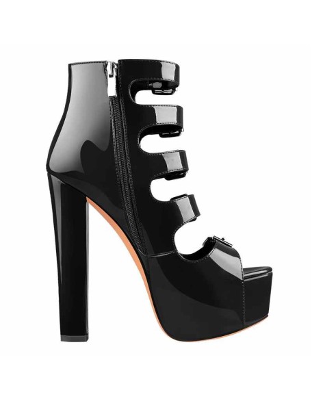 Patent Leather Platform Open Toe Five Buckle Strap Chunky Heels Ankle Sandals Boots