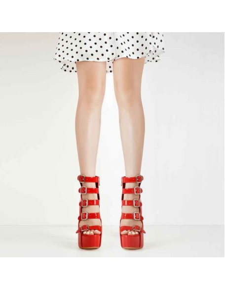 Patent Leather Platform Open Toe Five Buckle Strap Chunky Heels Ankle Sandals Boots