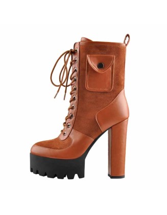 Platform Lace Up Chunky Heel Combat Mid Calf Pocket Fashion Boots