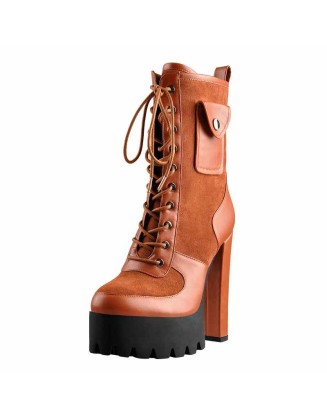 Platform Lace Up Chunky Heel Combat Mid Calf Pocket Fashion Boots