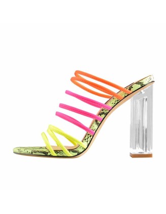 Fluorescent Snake skin Elastic Multicolor Slip On Clear Square Heel Sandals
