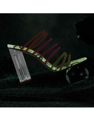 Fluorescent Snake skin Elastic Multicolor Slip On Clear Square Heel Sandals