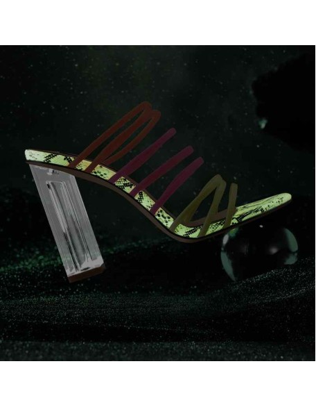 Fluorescent Snake skin Elastic Multicolor Slip On Clear Square Heel Sandals