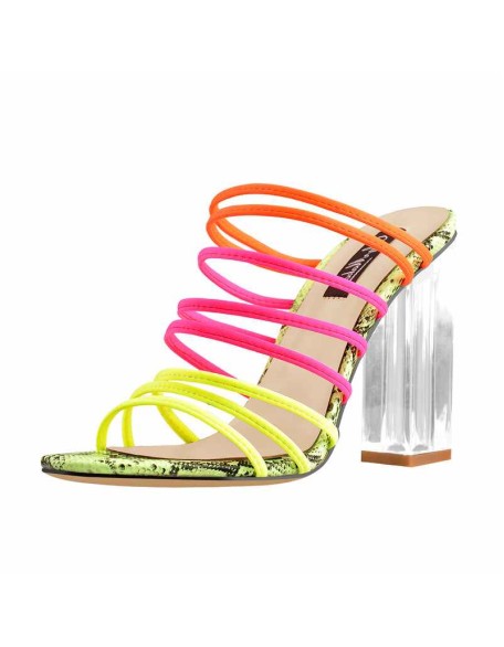 Fluorescent Snake skin Elastic Multicolor Slip On Clear Square Heel Sandals