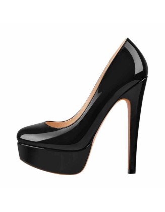 Black Round Toe Stiletto High Heel 3.5CM Platform Slip On Pumps