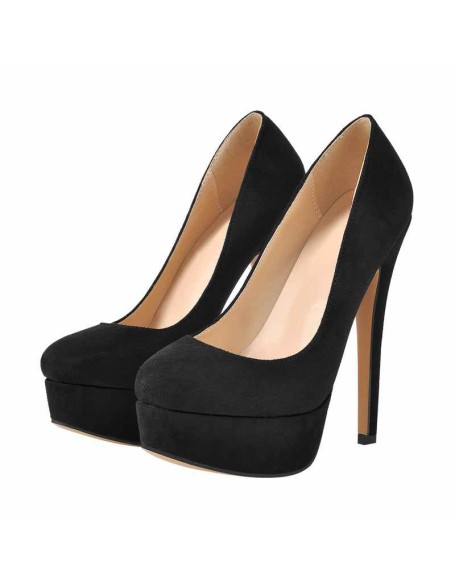 Black Round Toe Stiletto High Heel 3.5CM Platform Slip On Pumps