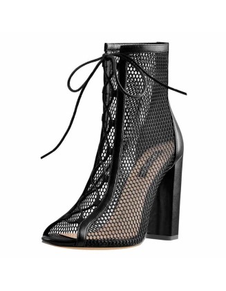 Chunky Heel Peep Toe Lace Up Mesh Ankle Booties Sandals