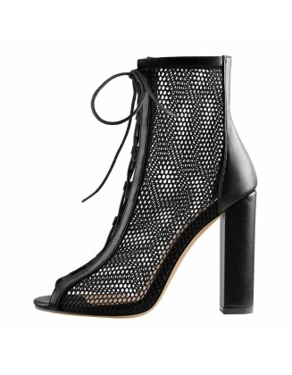 Chunky Heel Peep Toe Lace Up Mesh Ankle Booties Sandals