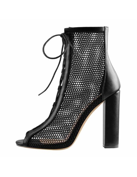 Chunky Heel Peep Toe Lace Up Mesh Ankle Booties Sandals