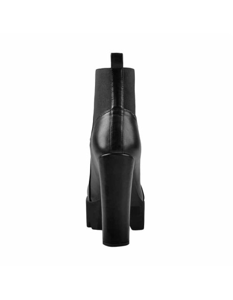 Round Toe Black Matte Leather Platform Chunky High Heel Ankle Boots
