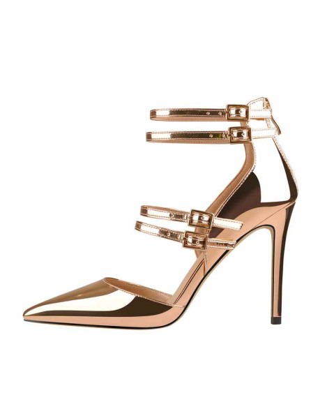 Golden Pointed Toe Double Buckle Strap High Heels Pumps