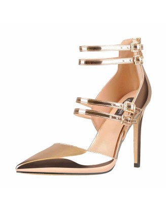 Golden Pointed Toe Double Buckle Strap High Heels Pumps