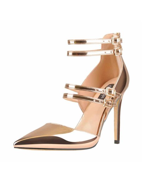 Golden Pointed Toe Double Buckle Strap High Heels Pumps
